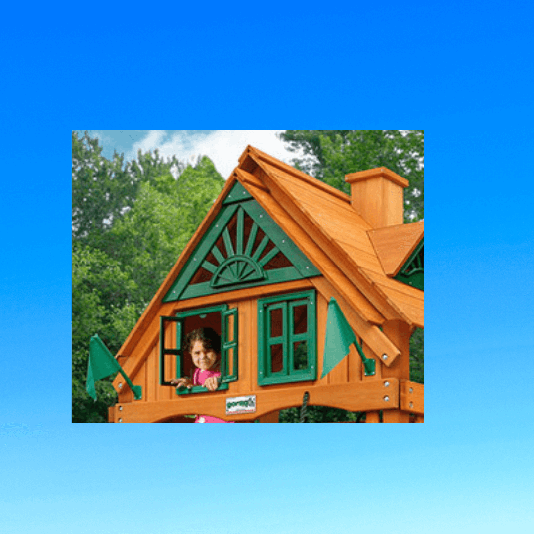 green windows in a wooden treehouse front