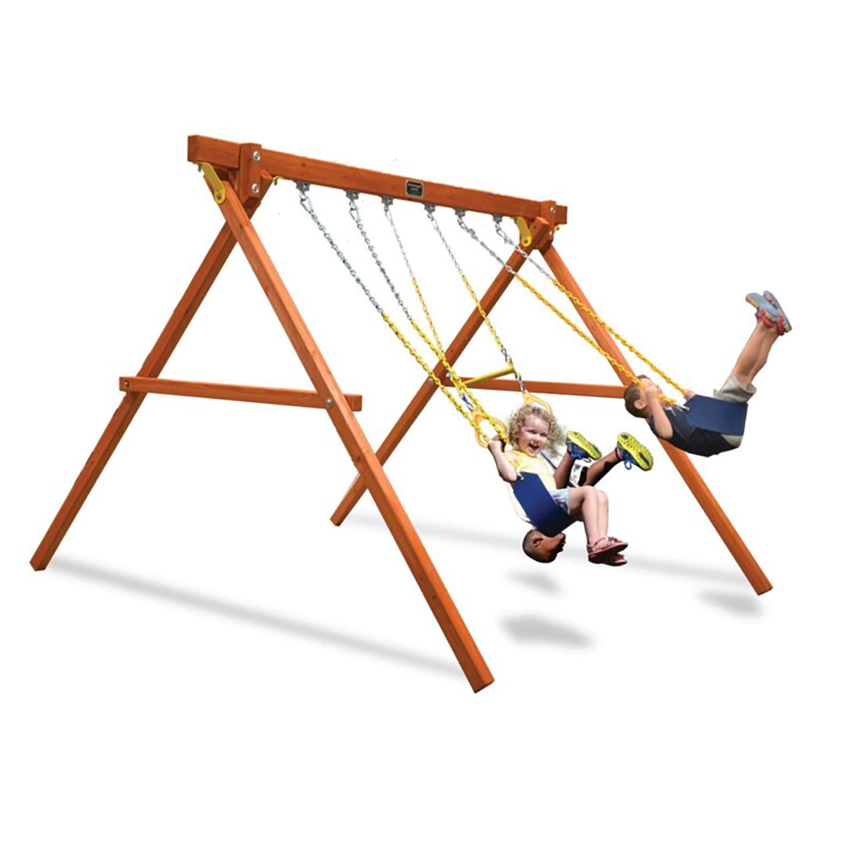 three children playing on belt and trapeze swings on a triple swing set made of cedar wood in nz