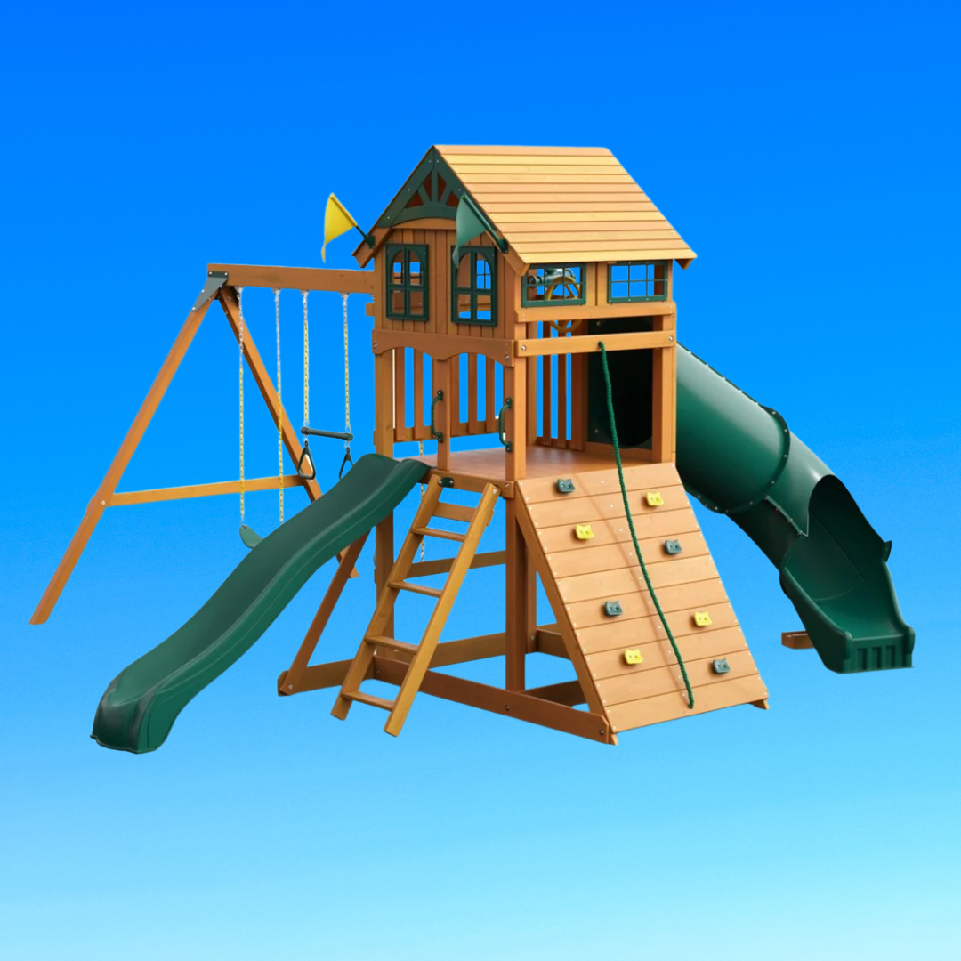 tube slide on a wooden playground with wave slide and swings