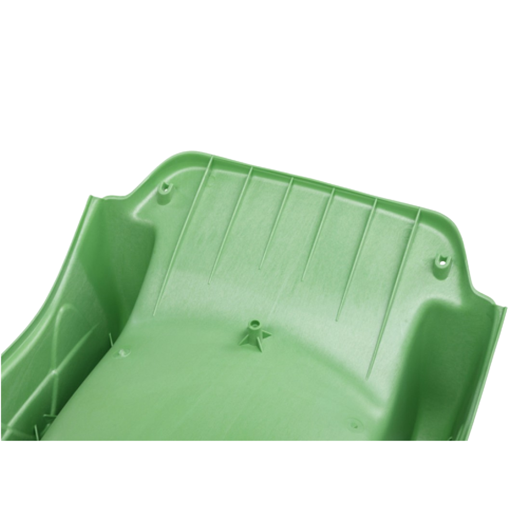 underneath of the playground slide showing where hose connects for eater connection