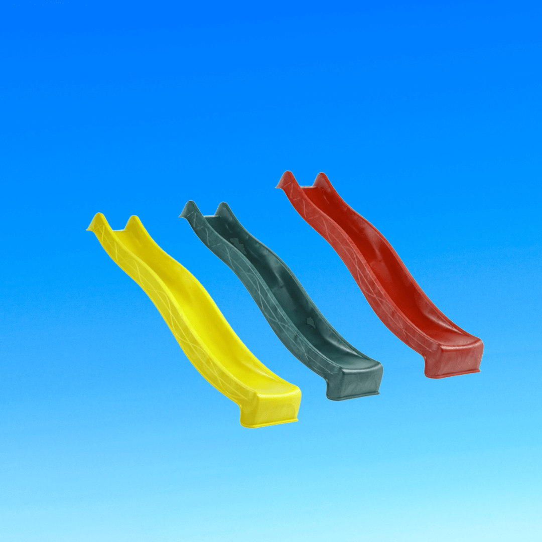 Three plastic slides in yellow, green, and red on a blue background.