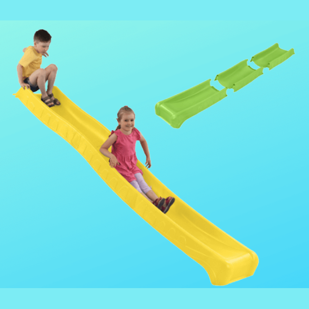 Children playing on a yellow slide, green slide shows how it compacts for freight. smooth joins