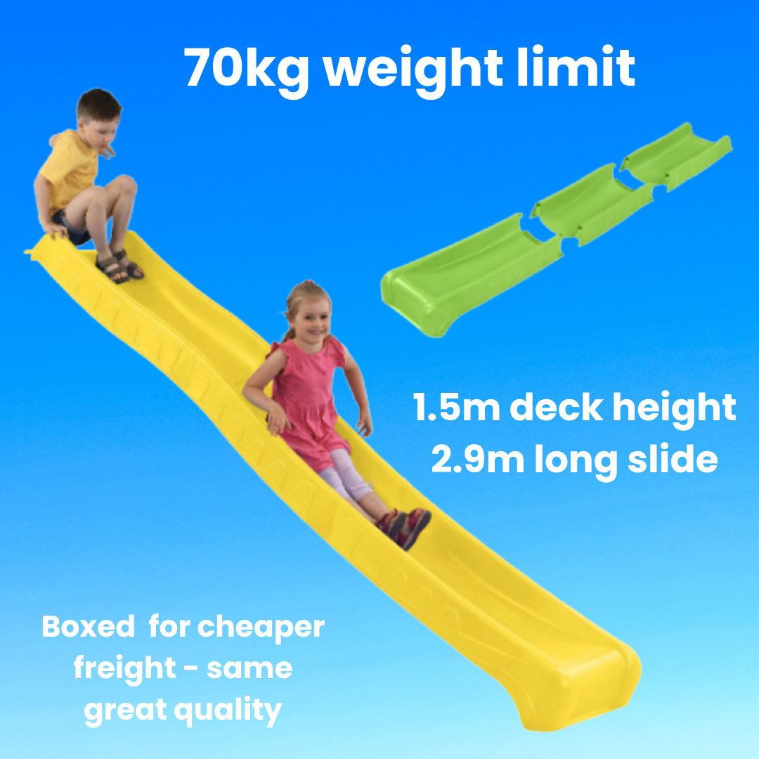 Children sliding down a yellow slide, and demonstration on how slide is cheaper for freight. 
