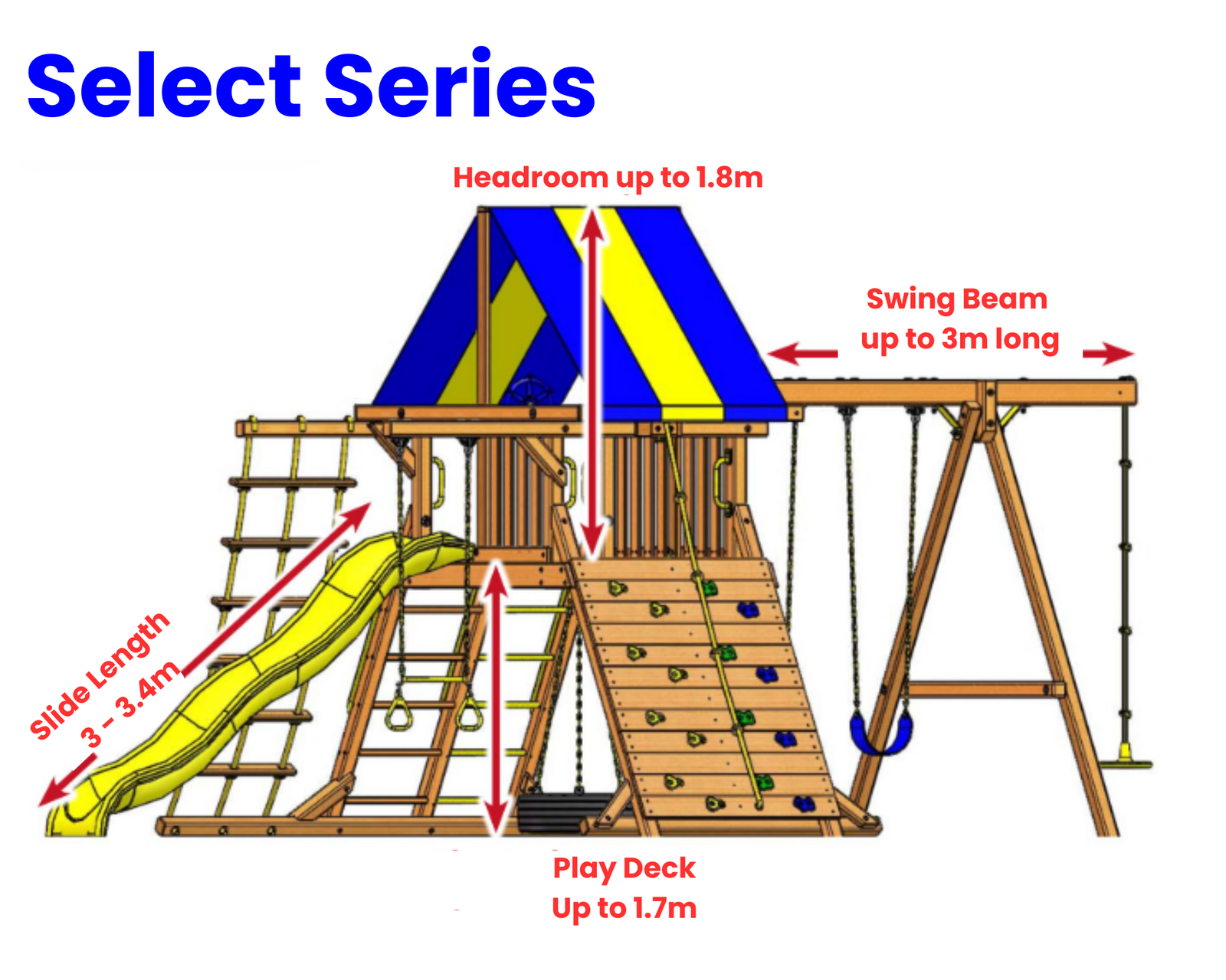 Wooden playset with slide, swing beam, and climbing wall labeled with dimensions on a white background.