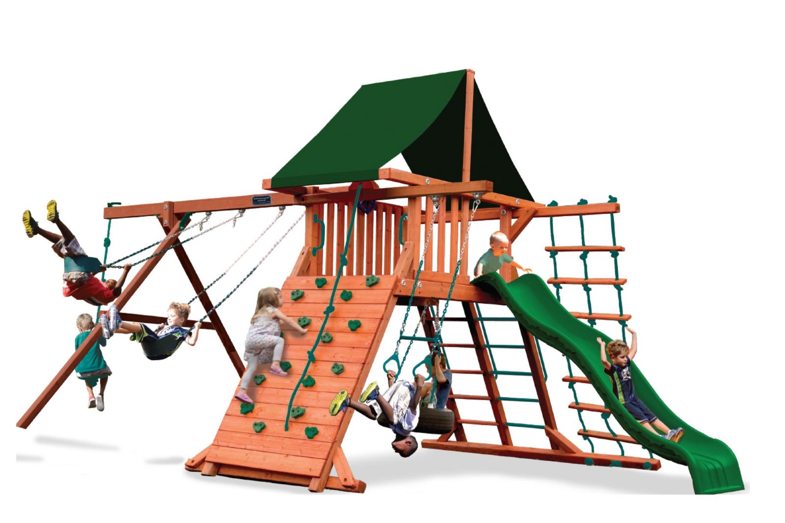 A large wooden backyard playset with multiple climbing and swinging elements, a green slide, and a green roof, shown with several children playing on a white background.
