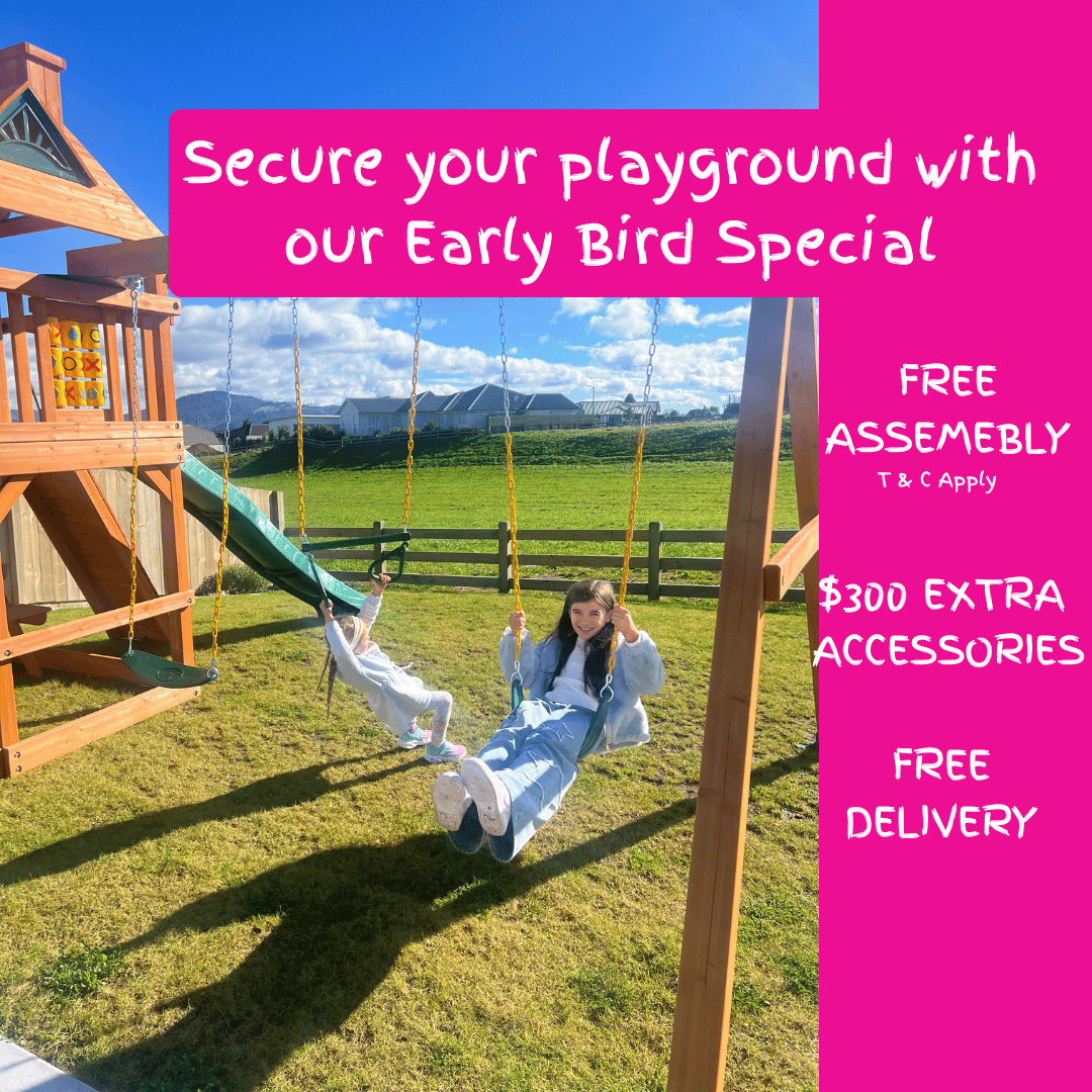 2 girls playing on kiwiplay wooden playground and swings